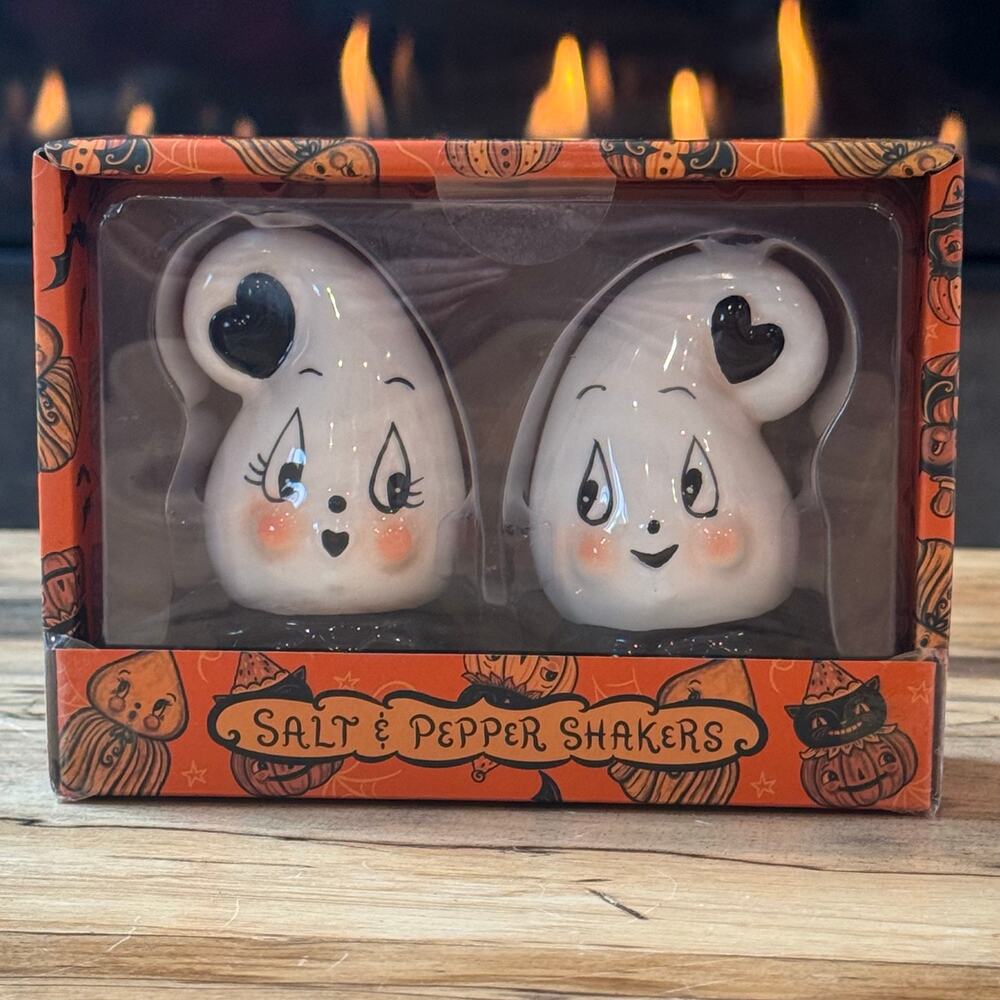 Johanna Parker Halloween Ghost Salt & Pepper Shakers Set Transpac NIB Retro VTG